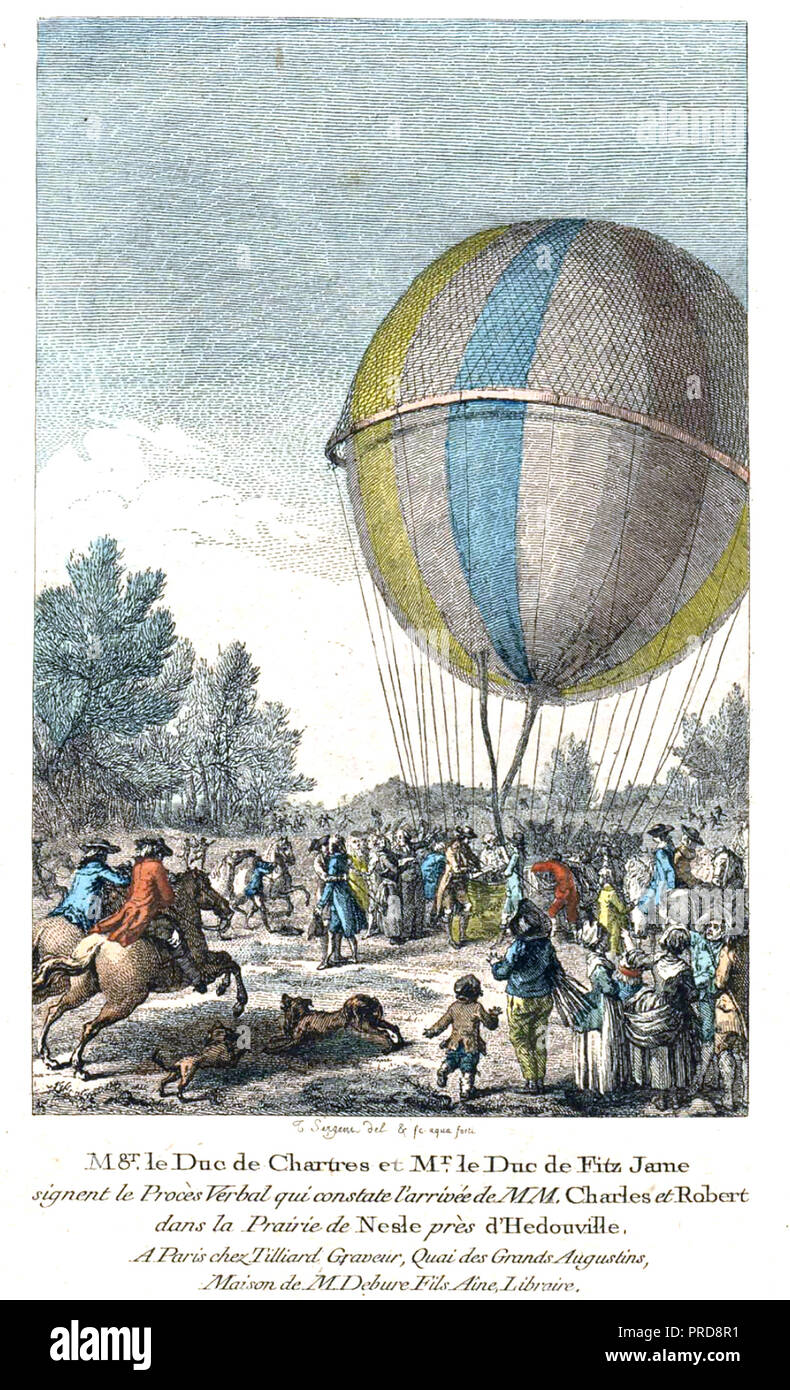 JACQUES CHARLES (1746-1823) French inventor and balloonist. Engraving of Charles and Nicolas-Louis Robert's two hour flight from the Tuilleries gardens to Nesle-la-Vallee near Hedouville on 1 December 1783. The Dukes of Chartres and Fitz James had chased the balloon from Paris and are seen signing a 'Proces Verbal' to confirm the success of the flight. Stock Photo