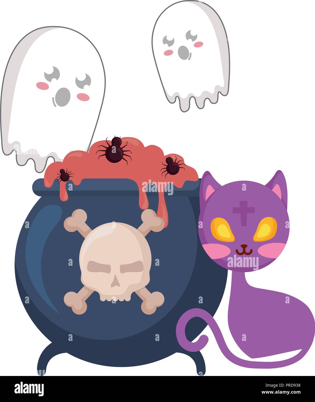 halloween ghosts with cauldron and cat vector illustration design Stock Vector