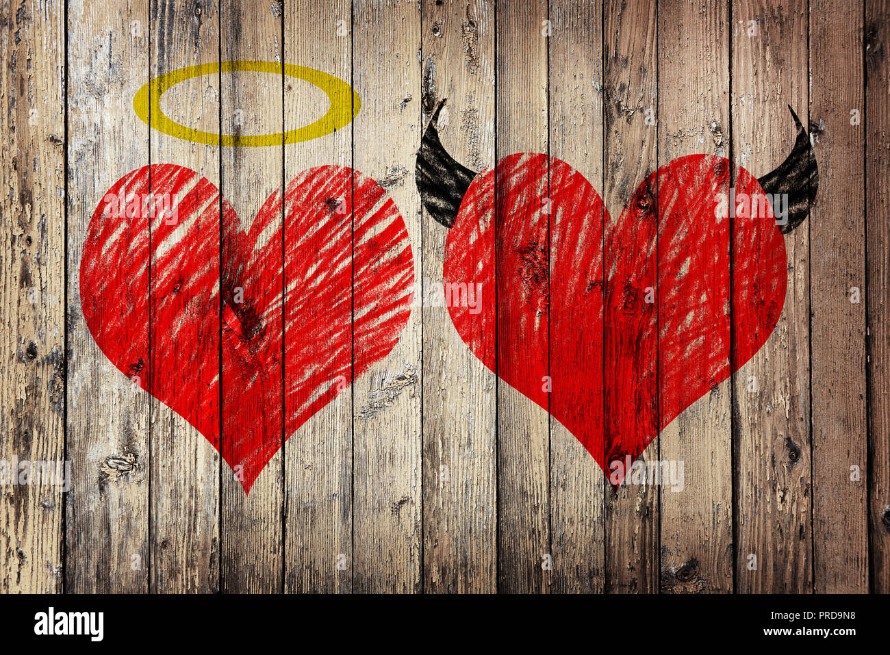 Valentines day background with two hearts - devil and angel Stock Photo