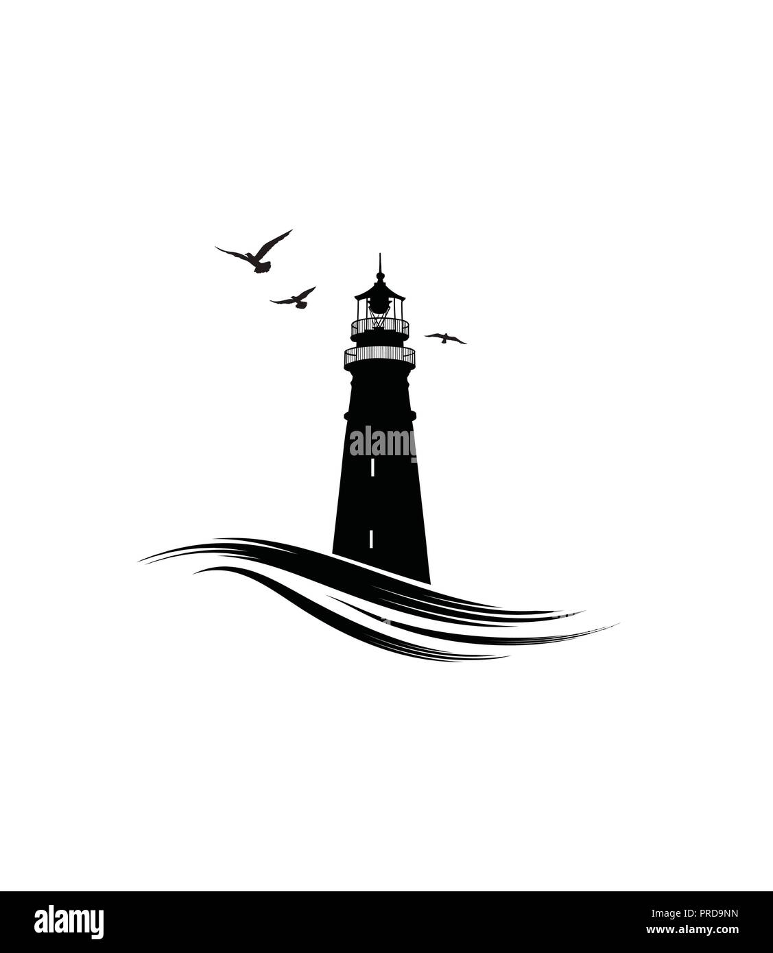 Lighthouse logo. Nautical icon with lighthouse with ocean waves and gull birds. Label design Stock Vector