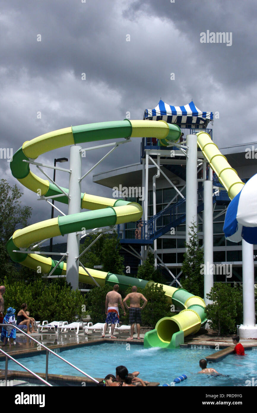 High slide and pool at water park in Roanoke, Virginia, USA Stock Photo