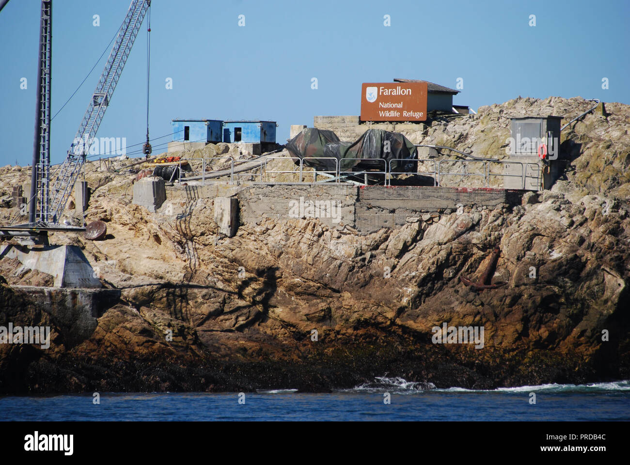 The crane and boat platform used to lift researchers and supplies onto Southeast Farallon Island. Stock Photo