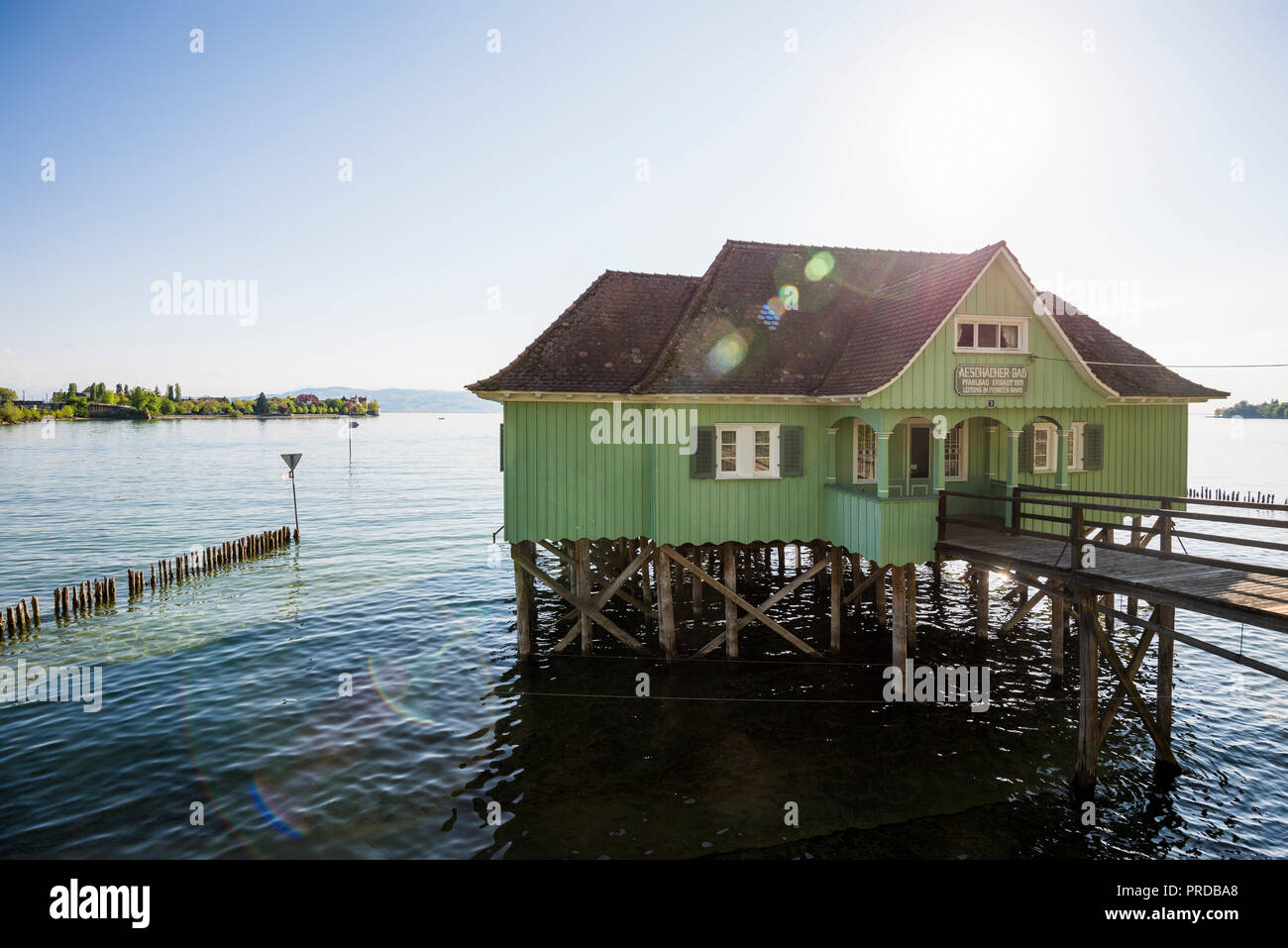Aeschacher bath, historic pile dwelling outdoor pool, Lindau, Lake Constance, Bavaria, Germany Stock Photo