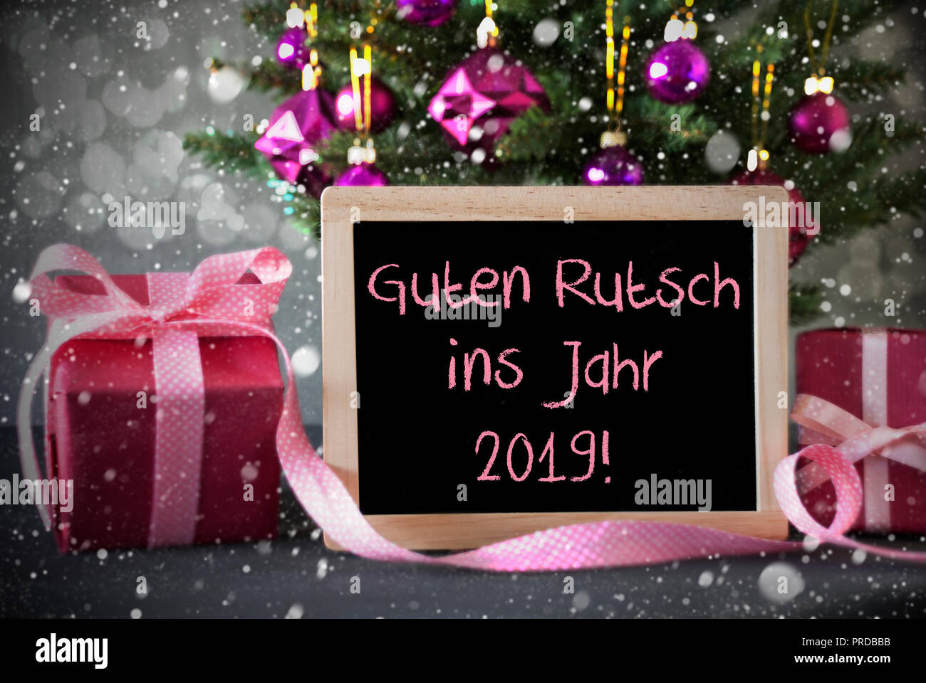 Tree, Gifts, Snowflakes, Bokeh, Guten Rutsch 2019 Means New Year Stock Photo