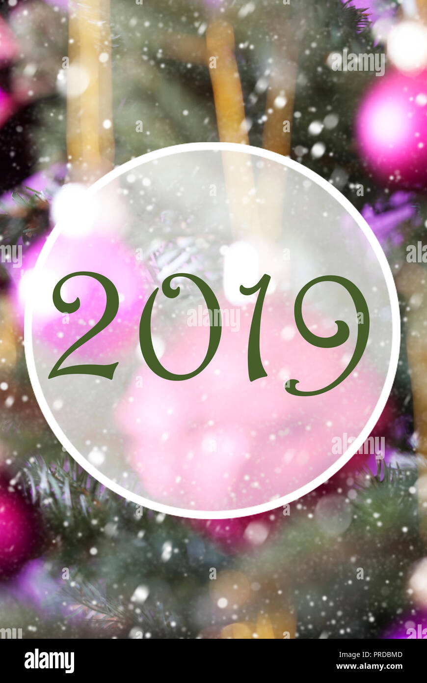 Vertical Rose Quartz Balls, Text 2019, Snowy Background Stock Photo