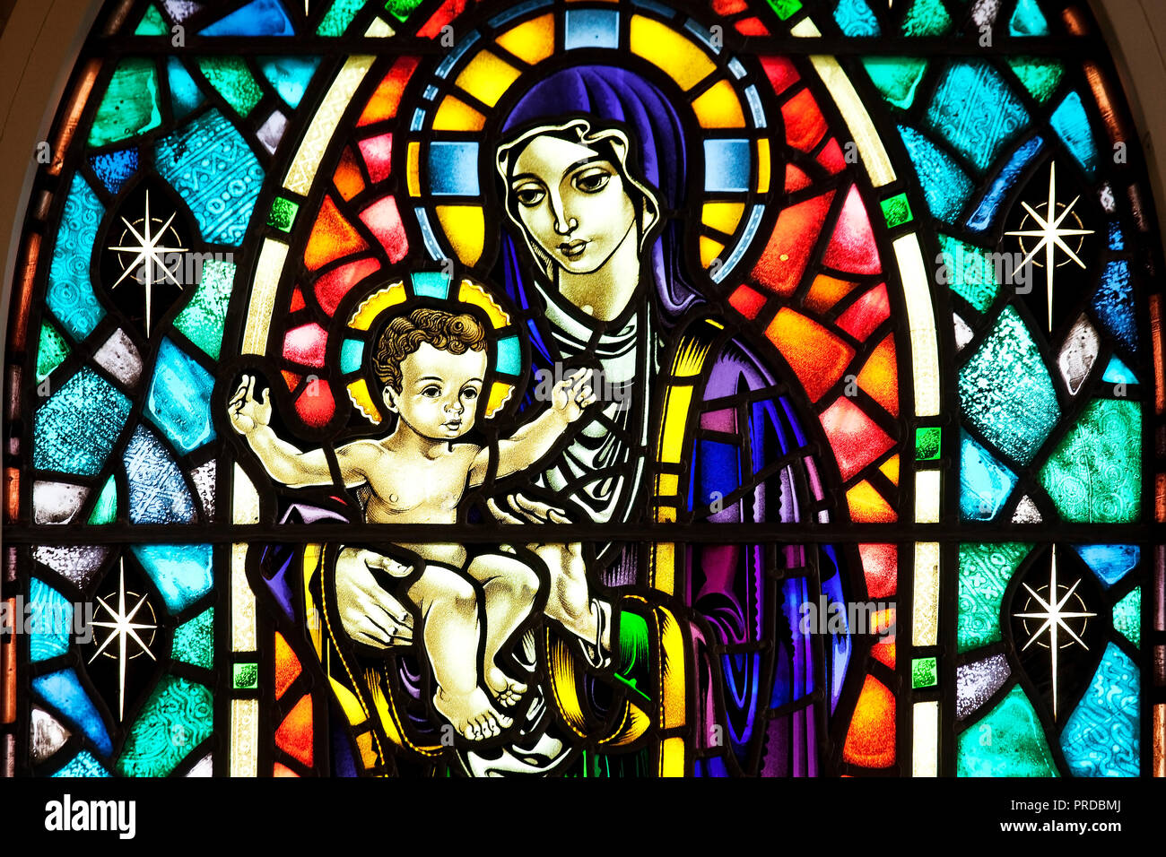 Mary with Child Jesus, stained glass window in Hallgrímskirkja, Reykjavik, Iceland Stock Photo