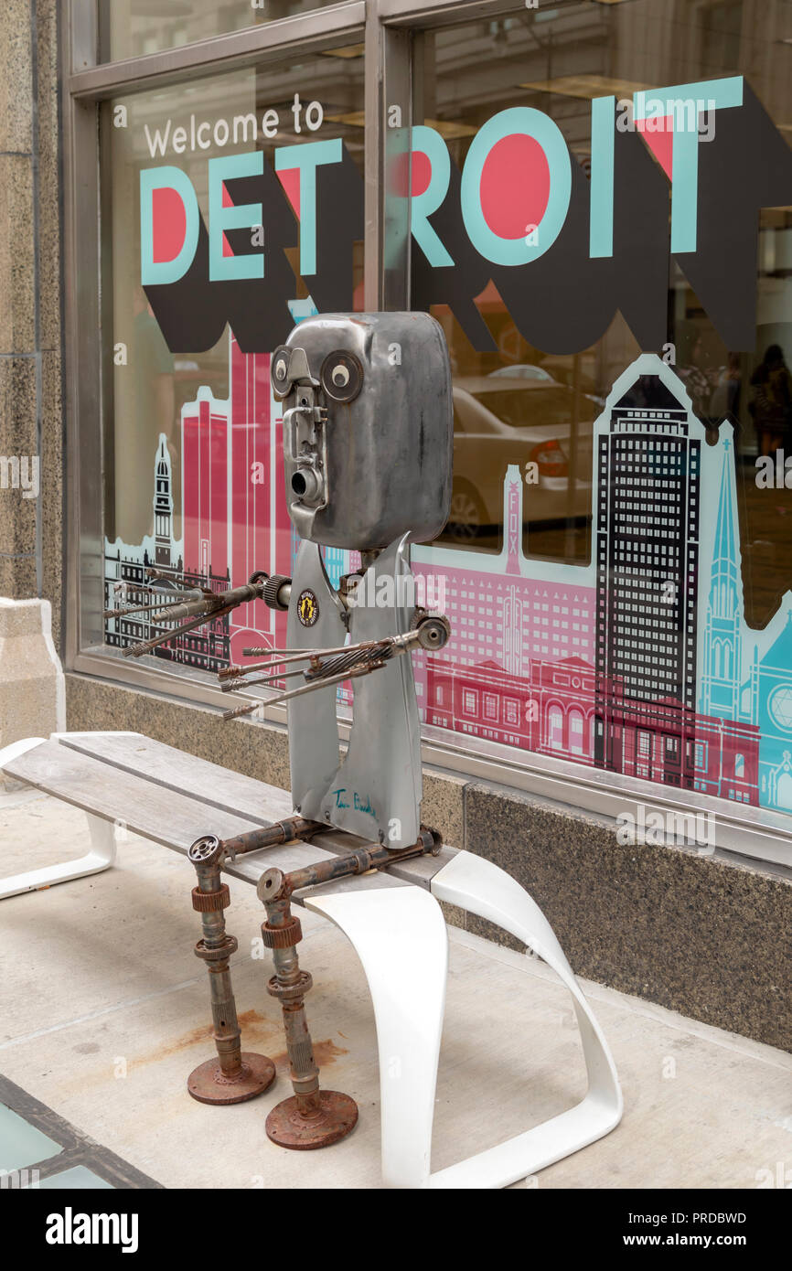 Detroit, Michigan - A metal sculpture by Tim Burke of the Detroit Industrial Gallery on a downtown bench. Stock Photo