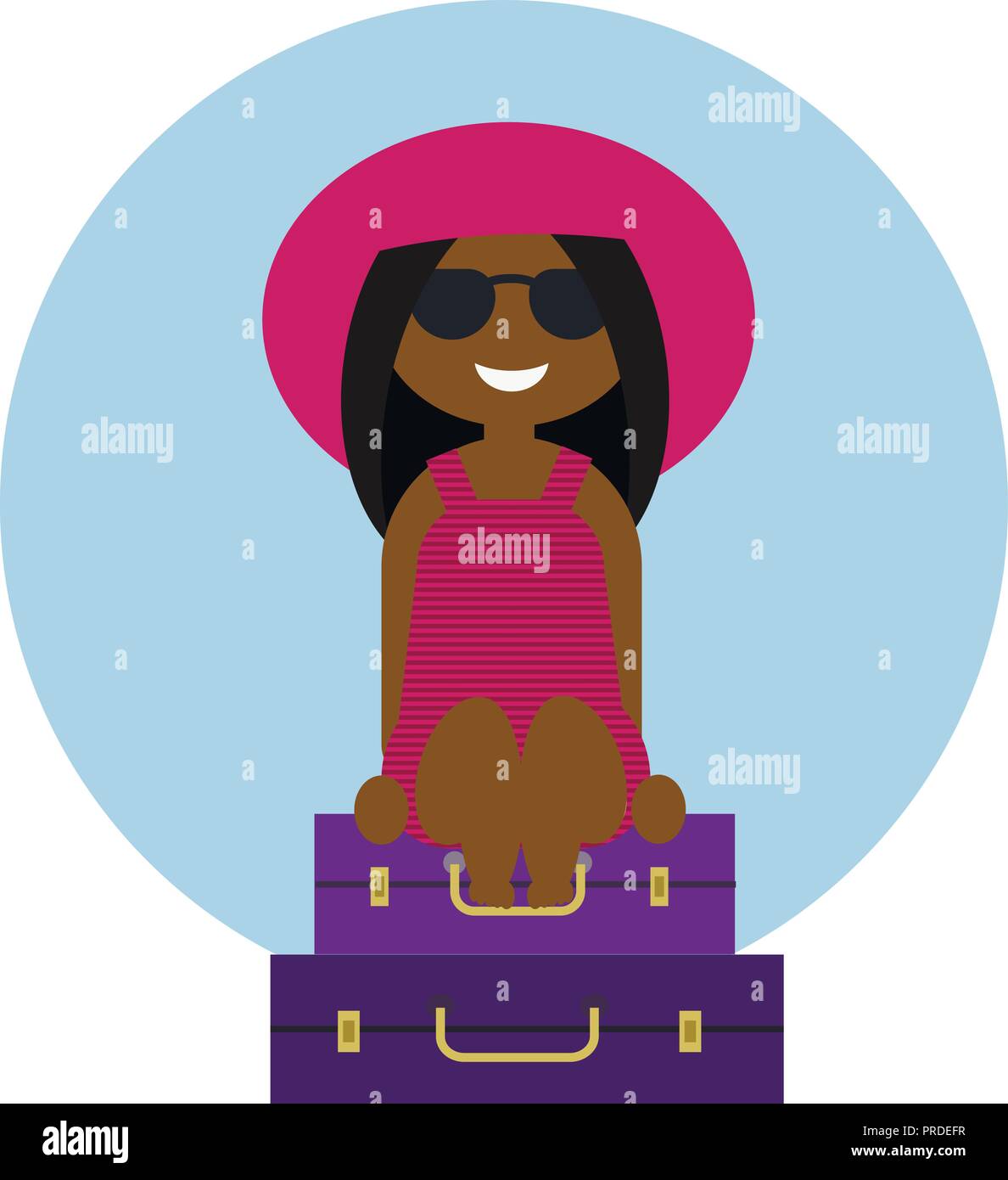 Cute tanned girl traveler sitting on the luggage Stock Vector