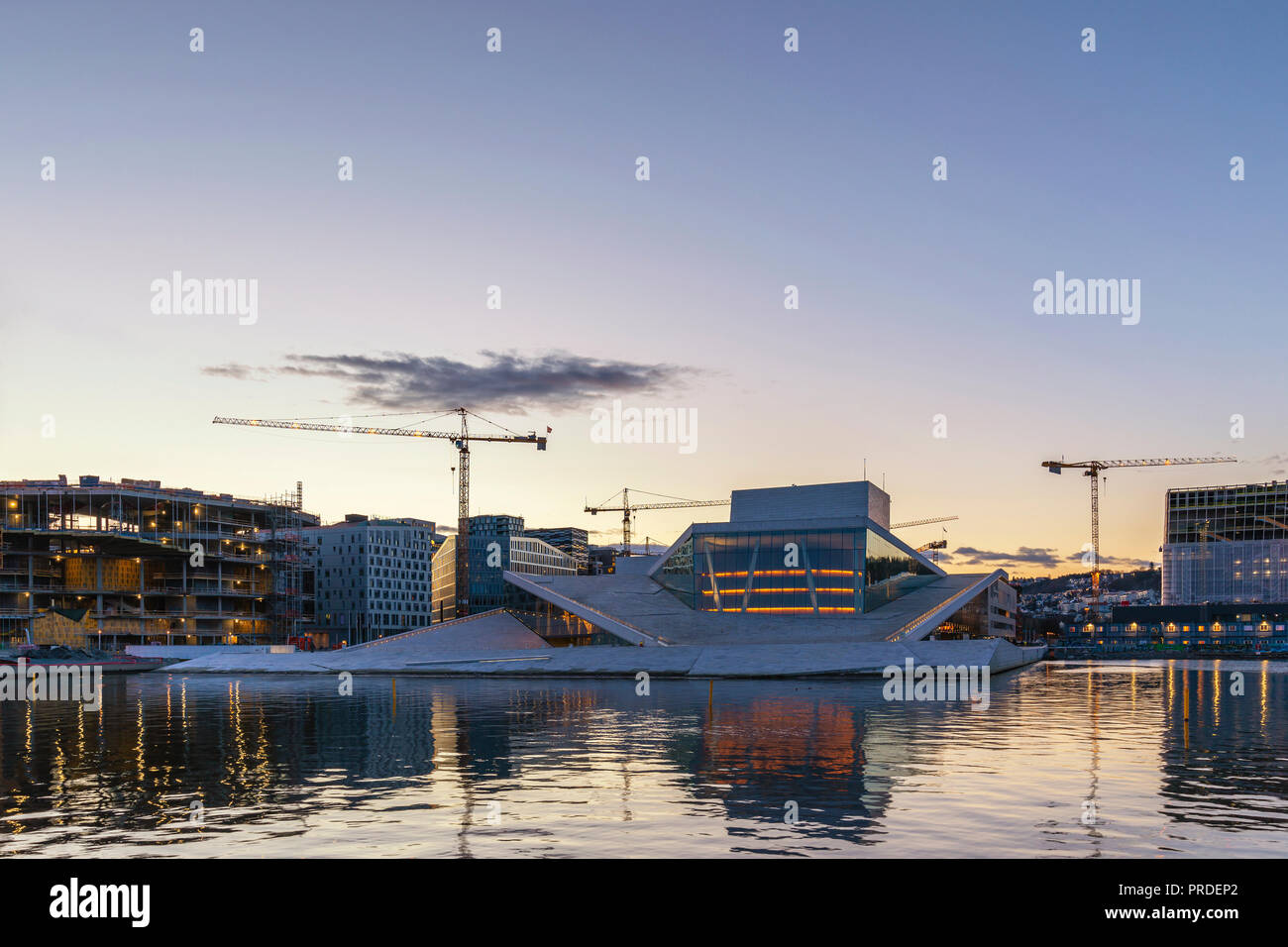 OSLO, NORWAY - APRIL 6, 2018: Oslo Norway, sunrise city skyline at business district and Oslo Opera Stock Photo