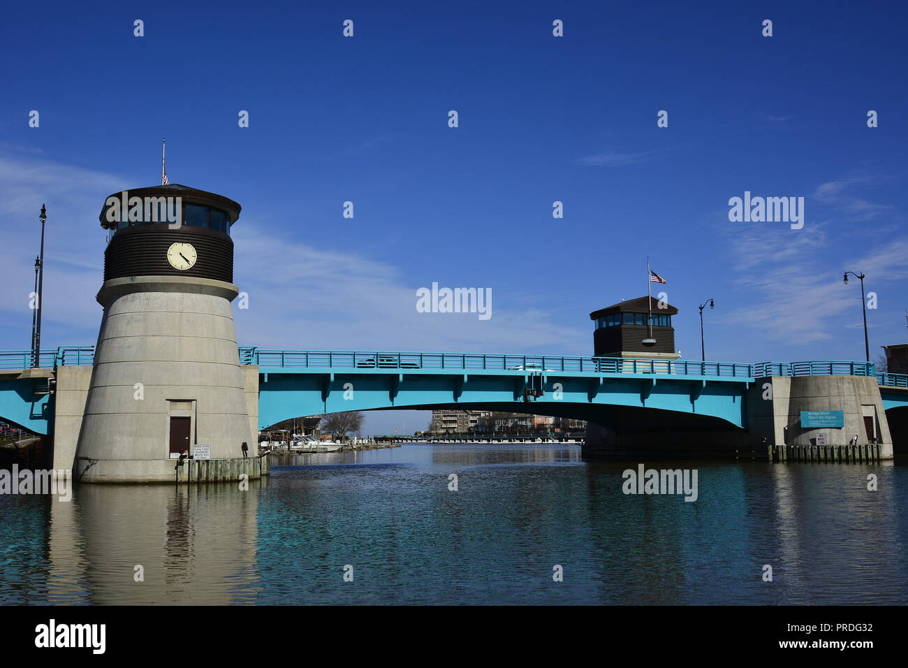 The bridge over the Root River in Racine Wisconsin in early evening on