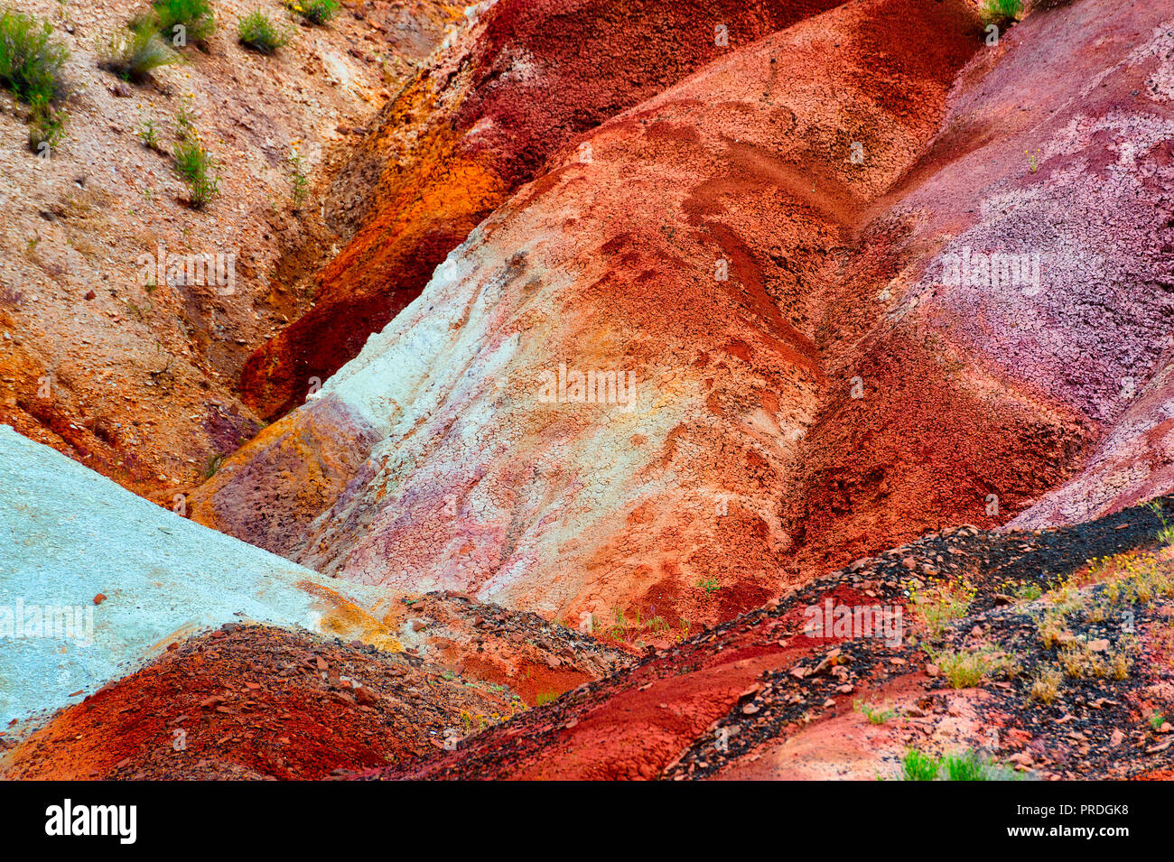 Close up of multiple colored claystone layers in the Painted Hills Unit at the the John Day Fossil Beds National Monument in Mitchell, Oregon. Stock Photo