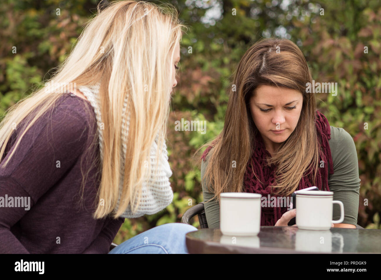 Woman texting and talking sitting outside in the fall. Stock Photo