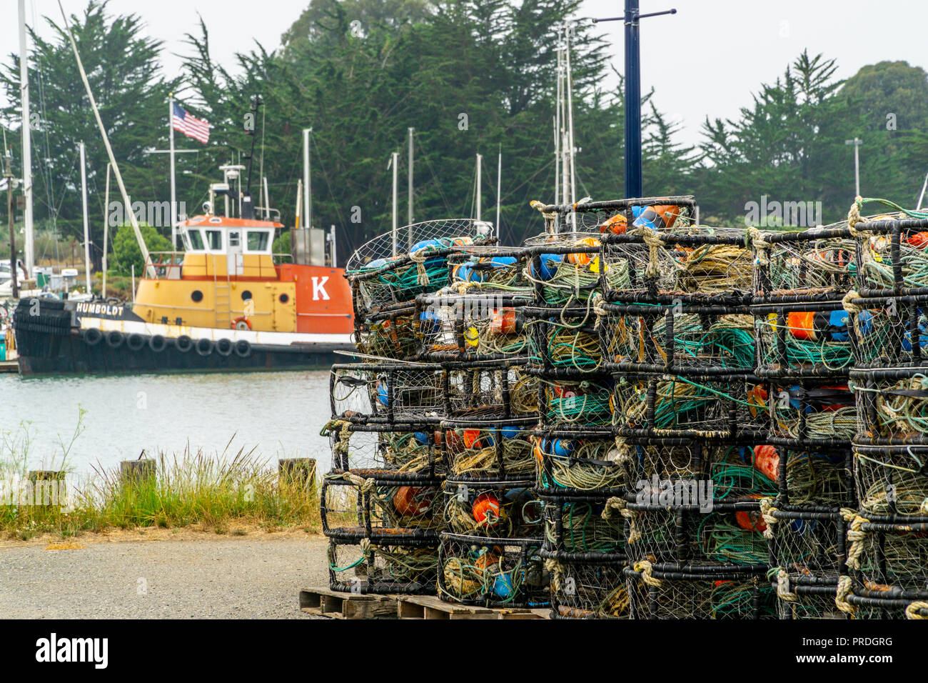Crab pots stacked up at the Eureka harbor on the California north coast
