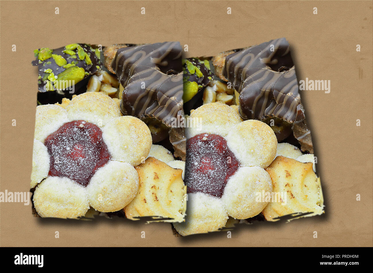 two segments with biscuits, isolated  on brown background, flat lay Stock Photo