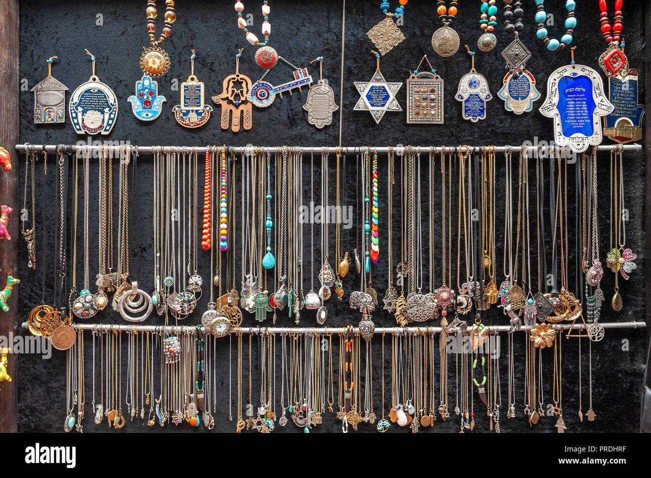 Israel, Tel Aviv - 28 September 2018: Shuk hapishpeshim flea market: jewelry,  hamse hands and stars of David Stock Photo - Alamy