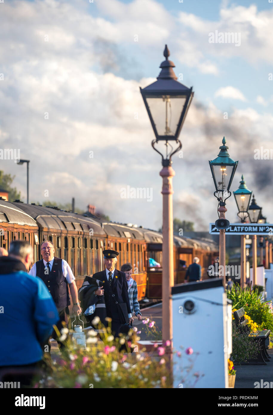 Busy platform scene at Severn Valley Railway's Kidderminster station.  vintage heritage railways. Stock Photo