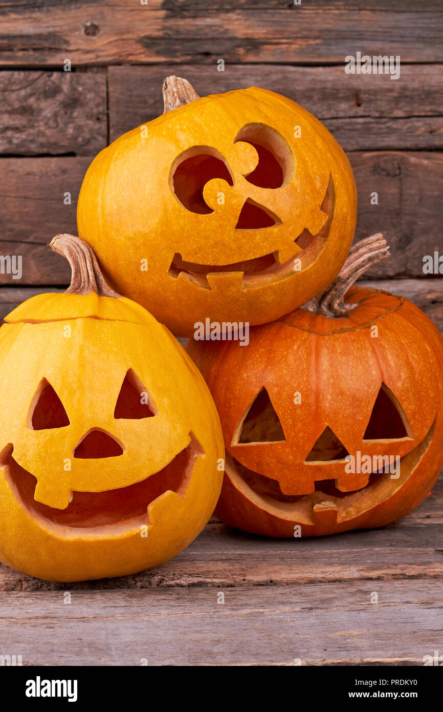 Three funny Halloween pumpkins. Stock Photo