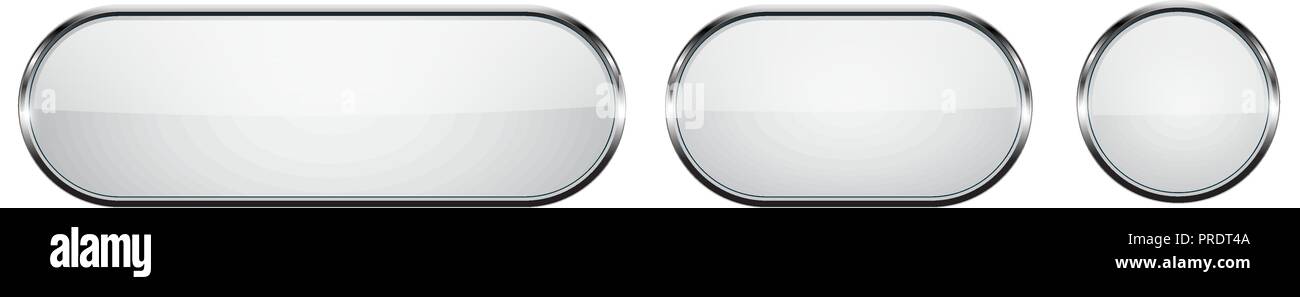 White glass buttons with chrome frame. 3d round and oval icons Stock ...
