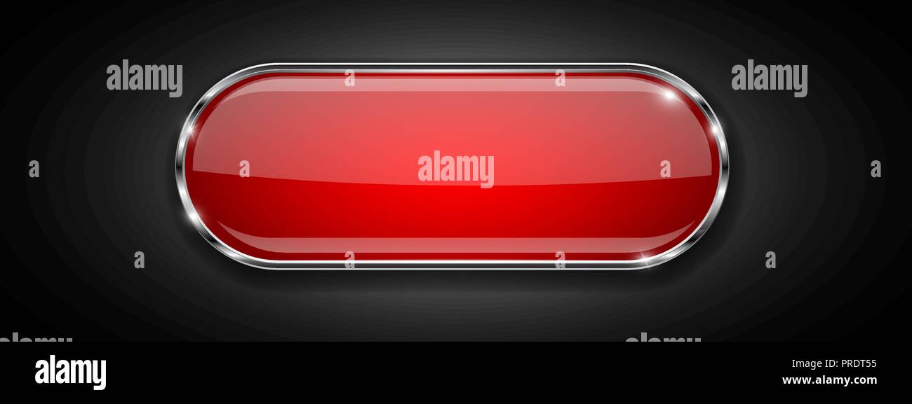 Red glass button on black background. Shiny 3d icon with metal frame ...