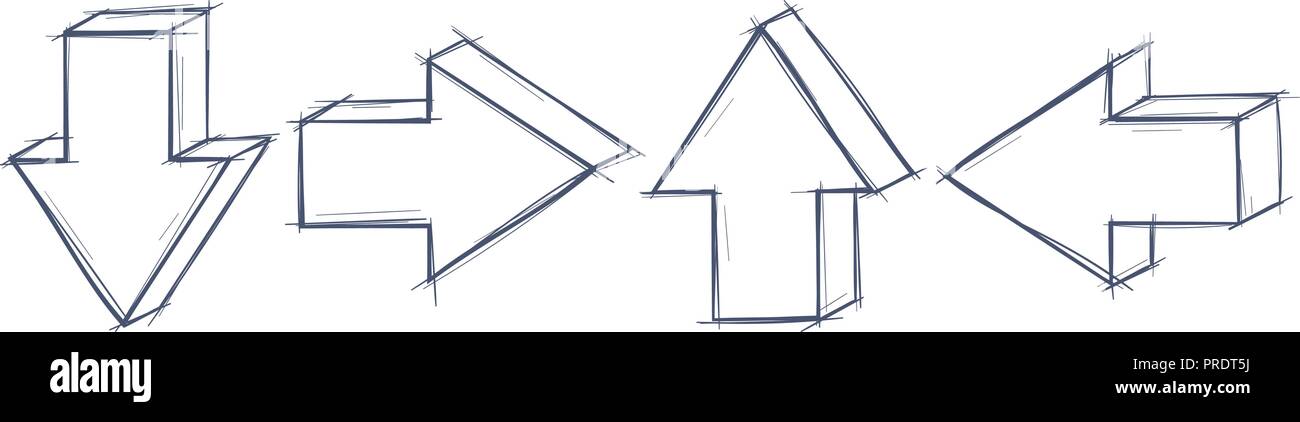 Arrows. Small straight outline signs. Grunge pencil hatching technique Stock Vector