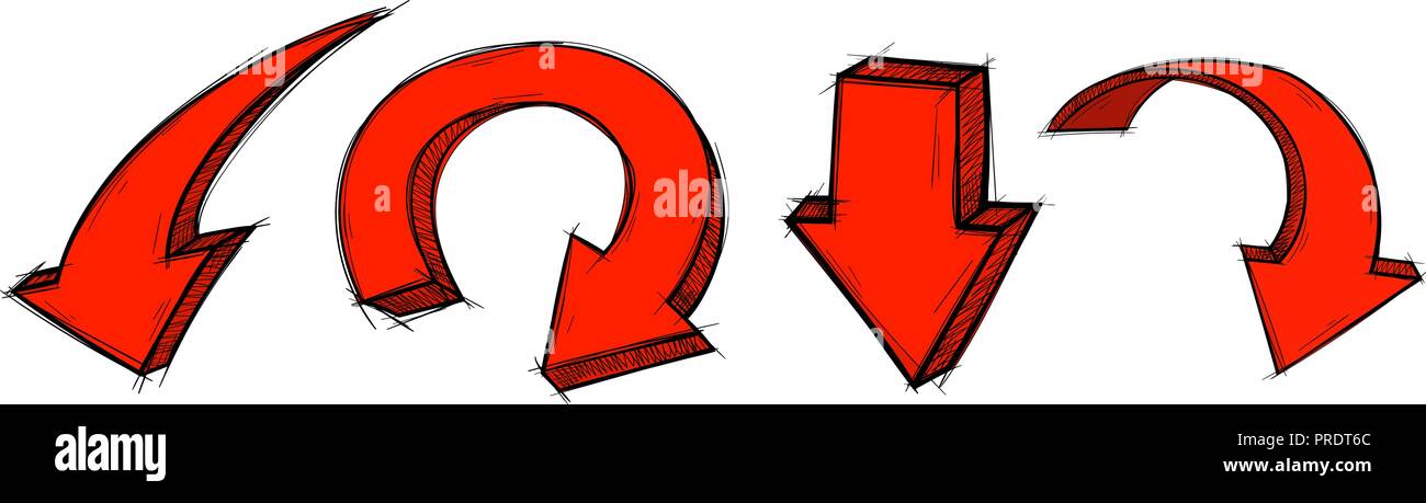 Red arrows. Down signs. Colored hand drawn sketch Stock Vector