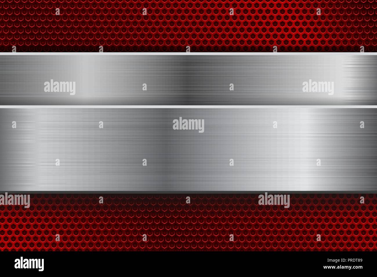 Red metal background with perforation and brushed steel plate Stock ...