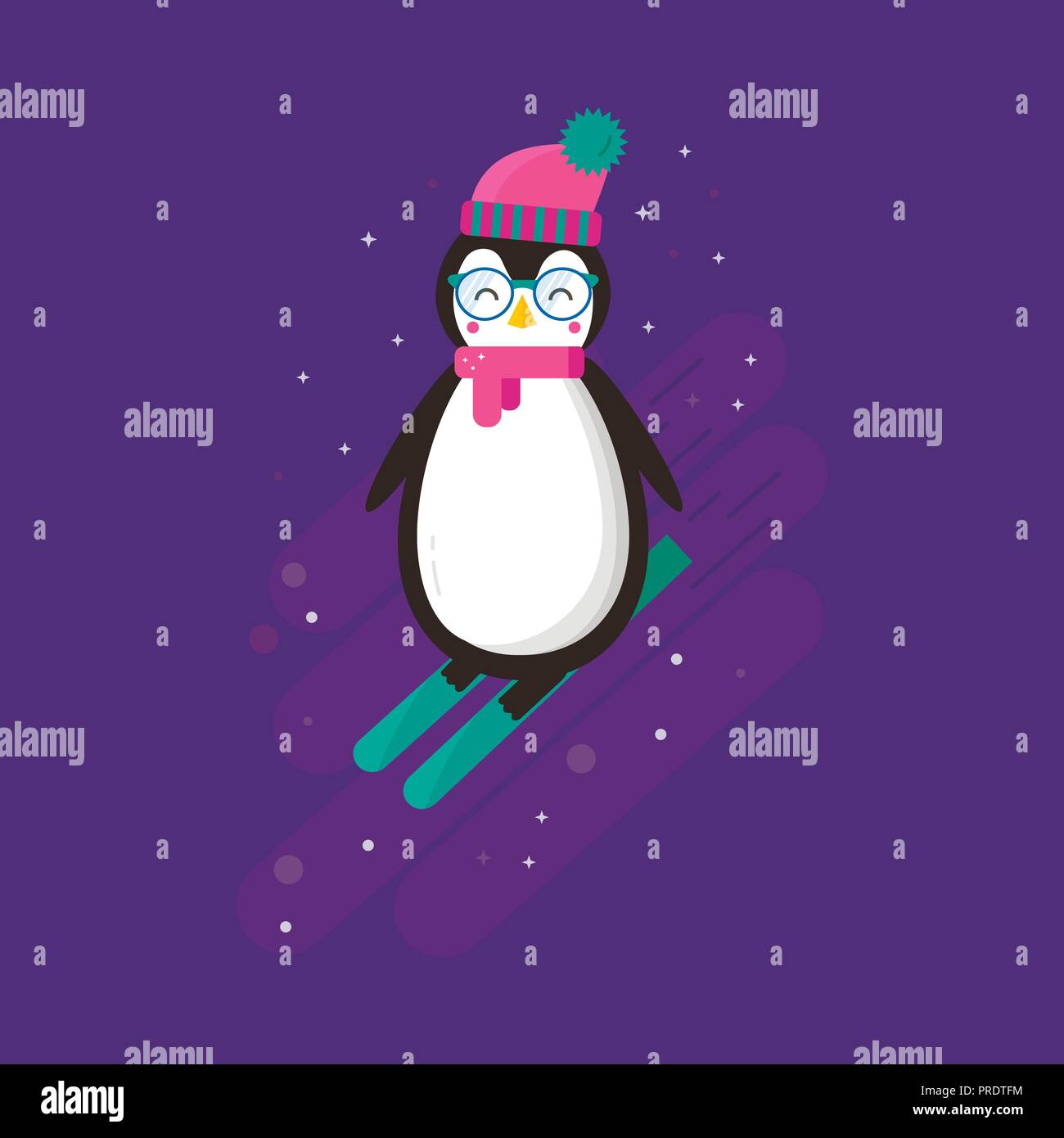 Merry Christmas greeting card with cute animals penguin Flat style of icons for presents