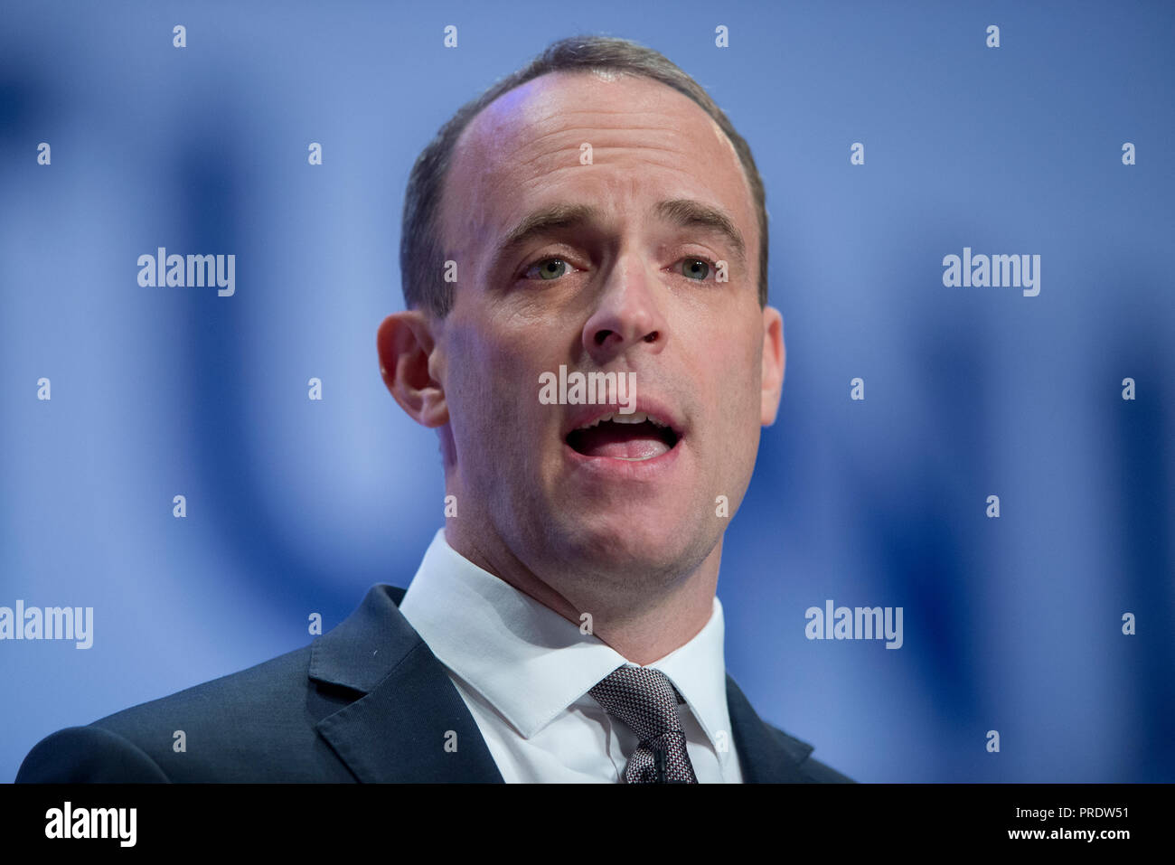 Birmingham, UK. 1st October 2018. Dominic Raab, Secretary of State for Exiting the European Union and Conservative MP for Esher and Walton, speaks at the Conservative Party Conference in Birmingham. © Russell Hart/Alamy Live News. Stock Photo