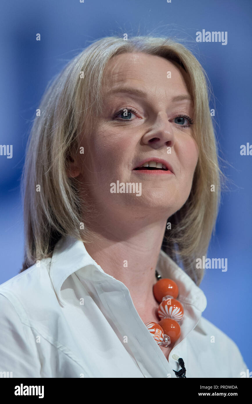 Birmingham, UK. 1st October 2018. Liz Truss, Chief Secretary to the Treasury and Conservative MP for South West Norfolk, speaks at the Conservative Party Conference in Birmingham. © Russell Hart/Alamy Live News. Stock Photo