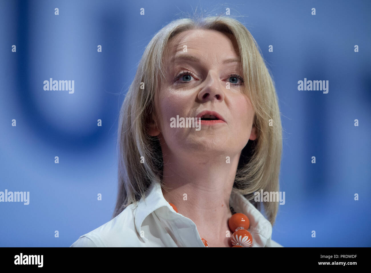 Birmingham, UK. 1st October 2018. Liz Truss, Chief Secretary to the Treasury and Conservative MP for South West Norfolk, speaks at the Conservative Party Conference in Birmingham. © Russell Hart/Alamy Live News. Stock Photo