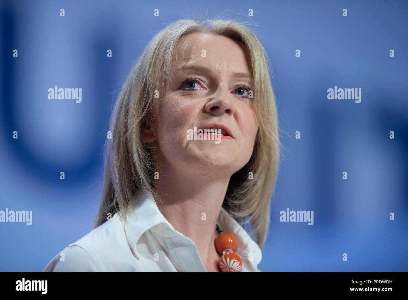 Birmingham, UK. 1st October 2018. Liz Truss, Chief Secretary to the Treasury and Conservative MP for South West Norfolk, speaks at the Conservative Party Conference in Birmingham. © Russell Hart/Alamy Live News. Stock Photo