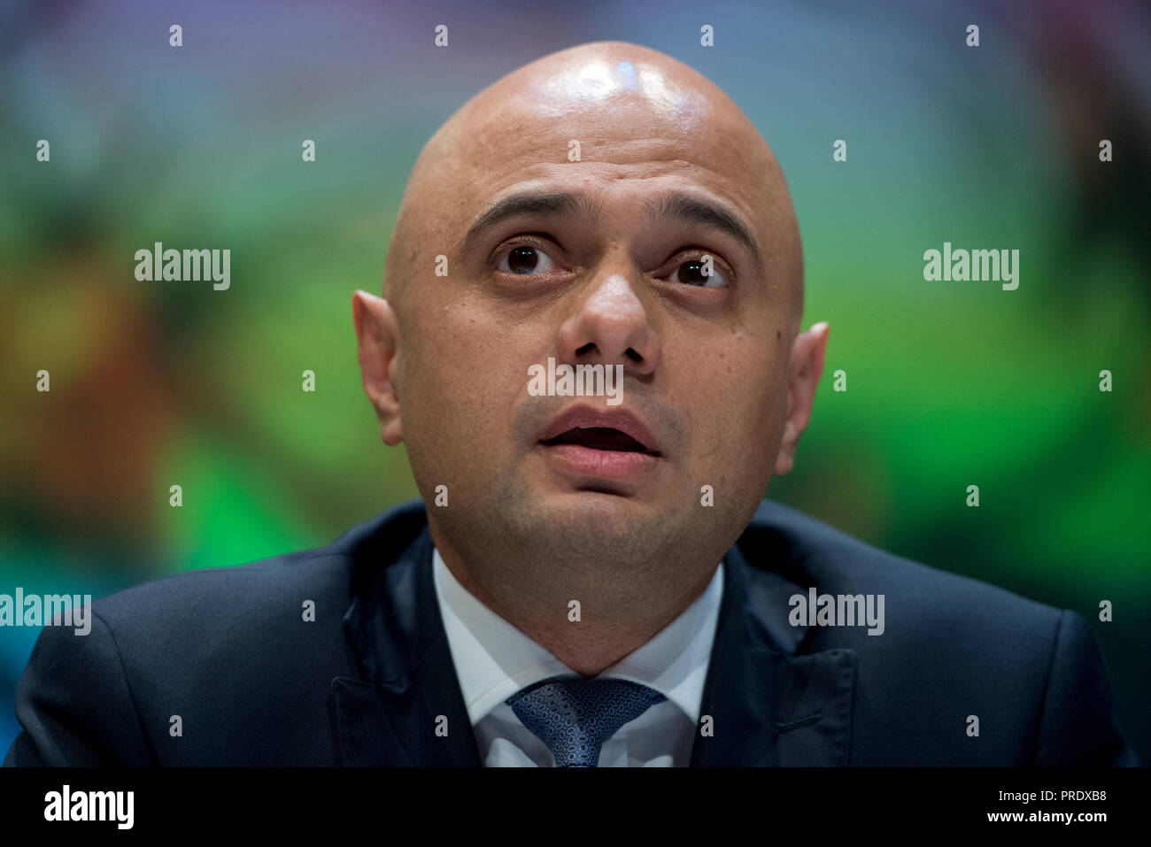 Birmingham, UK. 1st October 2018. Sajid Javid, Secretary of State for the Home Department and Conservative MP for Bromsgrove, speaks during The Spectator and Sky fringe event titled How Open Is Britain?, at the Conservative Party Conference in Birmingham. © Russell Hart/Alamy Live News. Stock Photo
