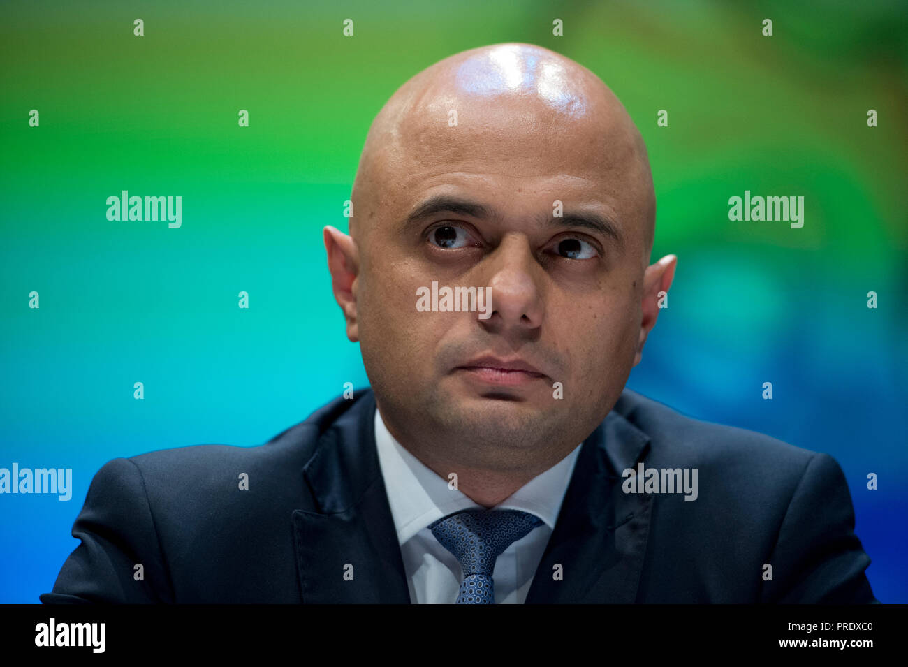 Birmingham, UK. 1st October 2018. Sajid Javid, Secretary of State for the Home Department and Conservative MP for Bromsgrove, speaks during The Spectator and Sky fringe event titled How Open Is Britain?, at the Conservative Party Conference in Birmingham. © Russell Hart/Alamy Live News. Stock Photo