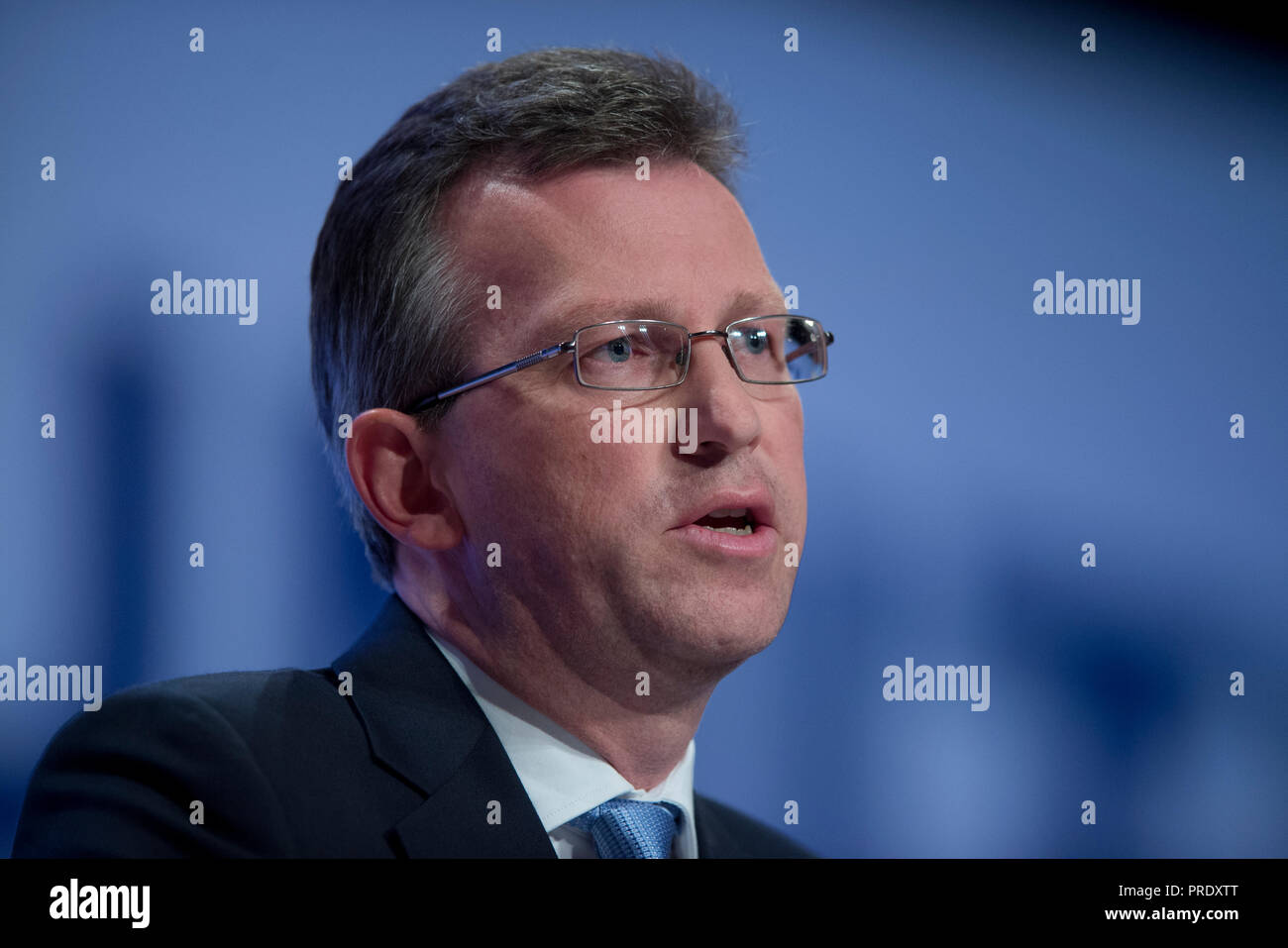 Birmingham, UK. 1st October 2018. Jeremy Wright, Secretary of State for Digital, Culture, Media and Sport and Conservative MP for Kenilworth and Southam, speaks at the Conservative Party Conference in Birmingham. © Russell Hart/Alamy Live News. Stock Photo