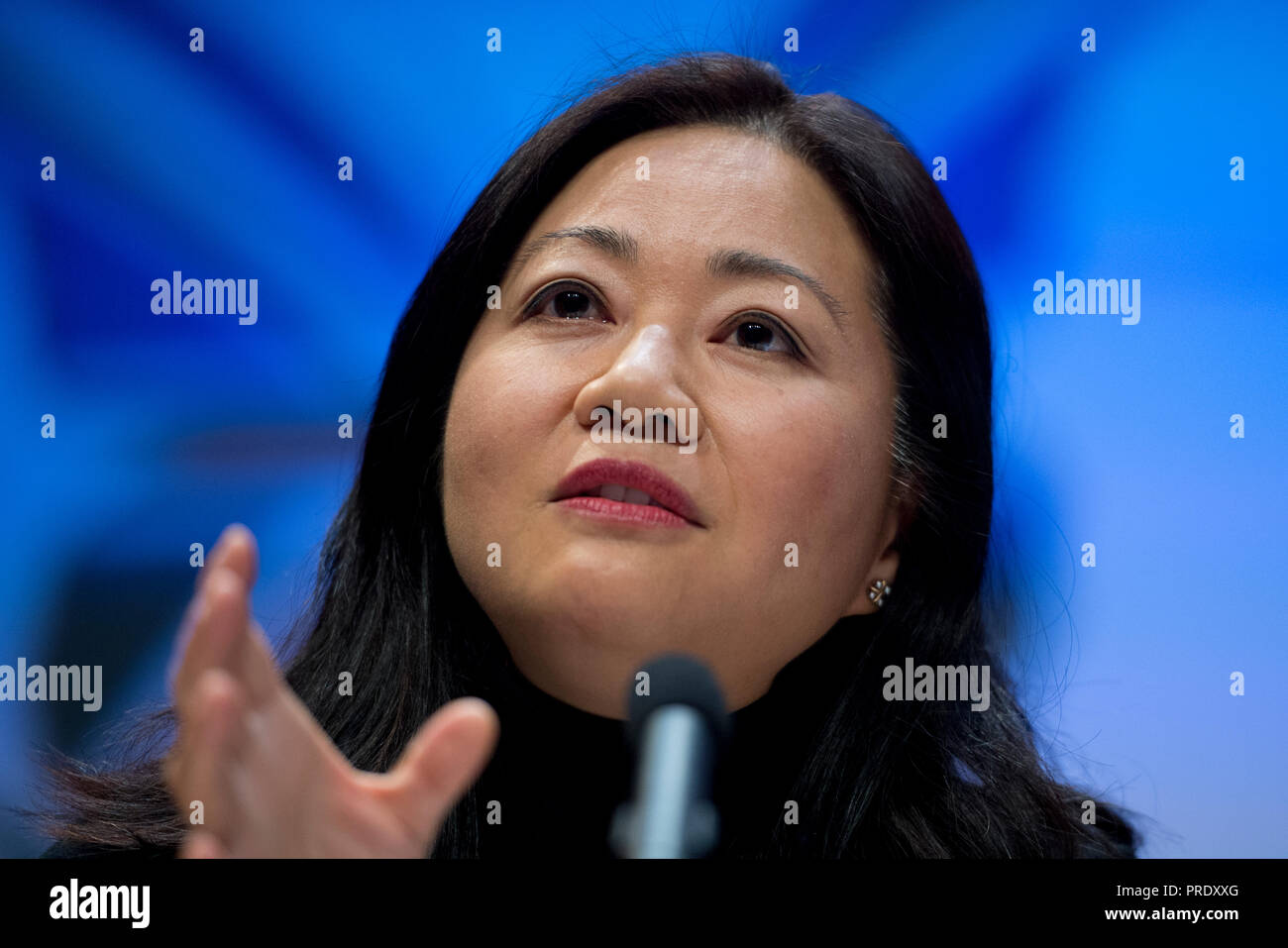 Birmingham, UK. 1st October 2018. Linda Yueh, economist, broadcaster, and author, speaks during The Spectator and Sky fringe event titled How Open Is Britain?, at the Conservative Party Conference in Birmingham. © Russell Hart/Alamy Live News. Stock Photo