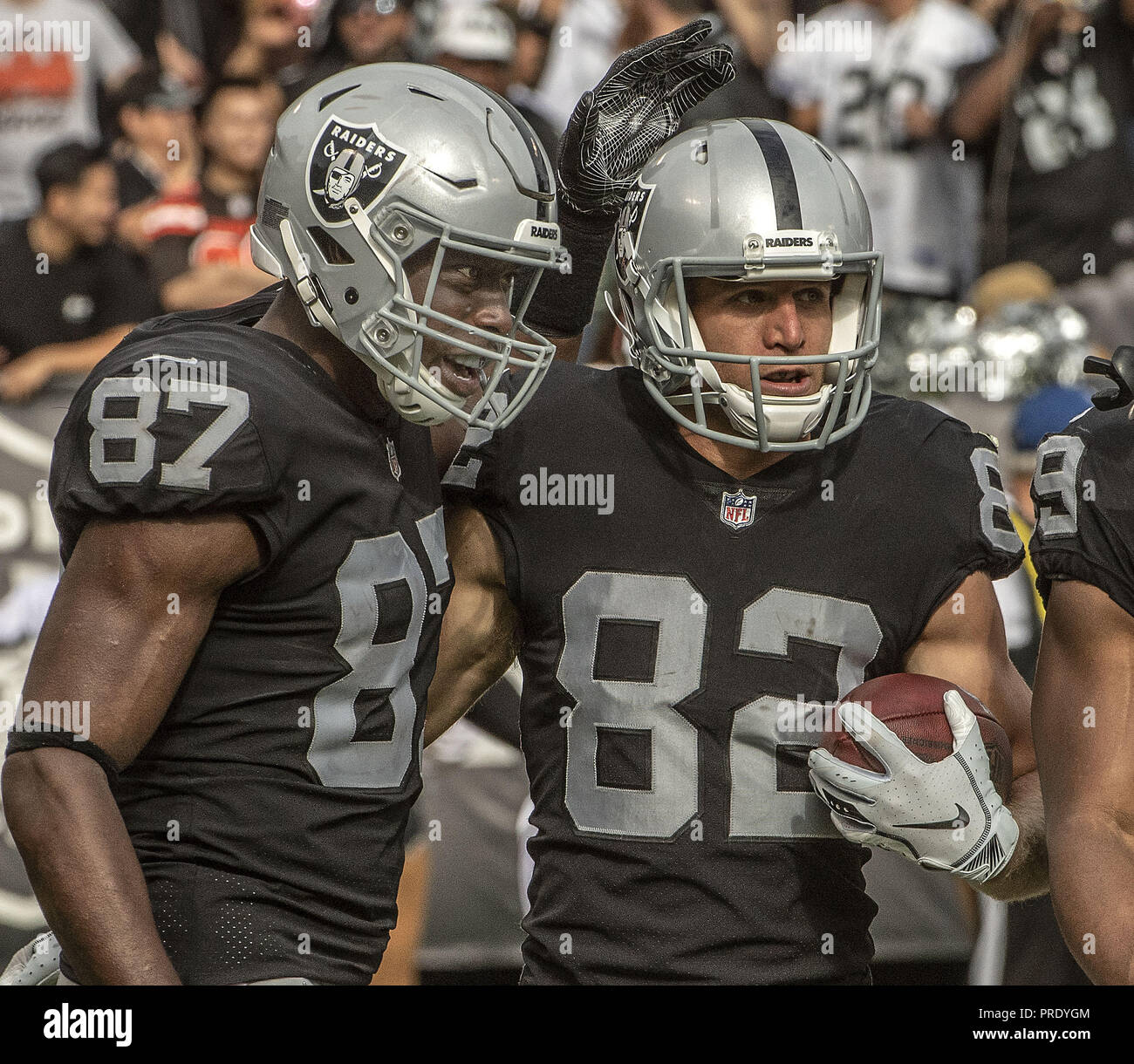 Oakland, California, USA. 30th Sep, 2018. Oakland Raiders tight end Jared  Cook (87) congratulates wide receiver Jordy Nelson (82) on touchdown on  Sunday, September 30, 2018, at Oakland-Alameda County Coliseum in Oakland,