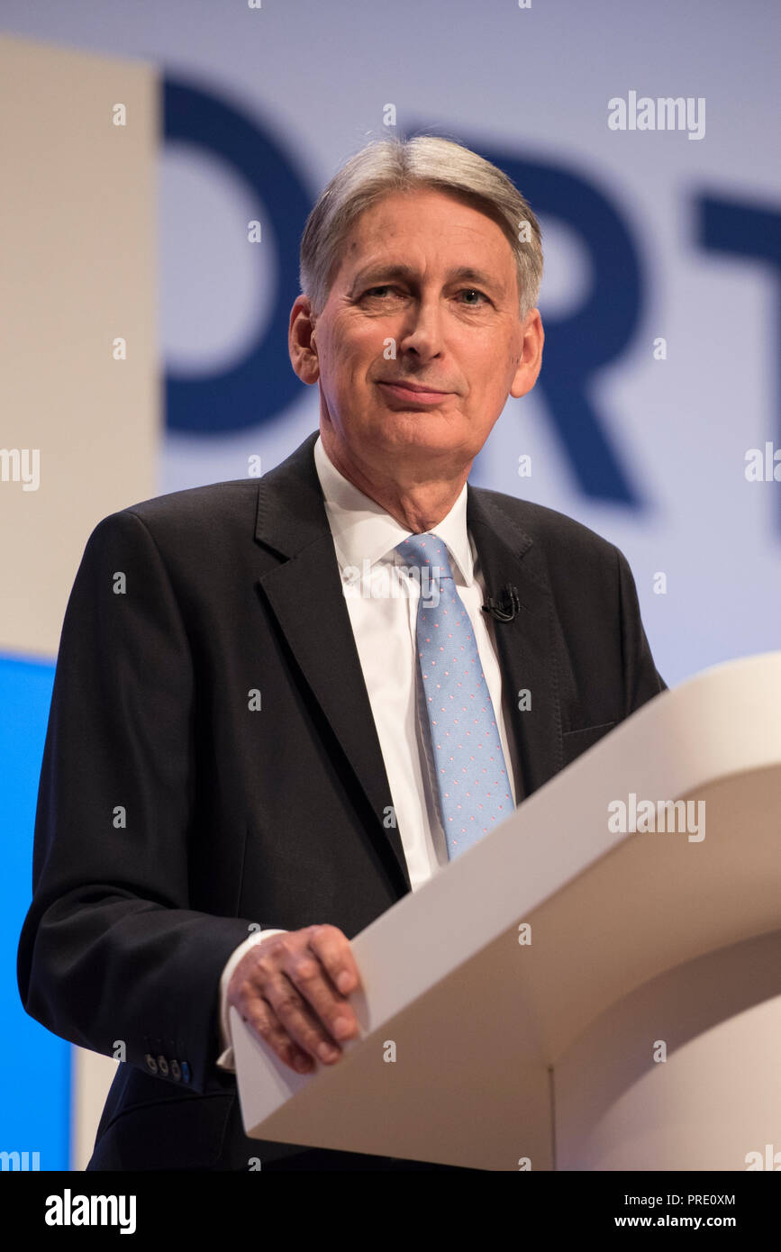 Birmingham, UK. 1st Oct, 2018. Chancellor of the Exchequer Philip Hammond  speech at Conservative Party Conference 2018 Credit: Benjamin Wareing/Alamy  Live News Stock Photo - Alamy