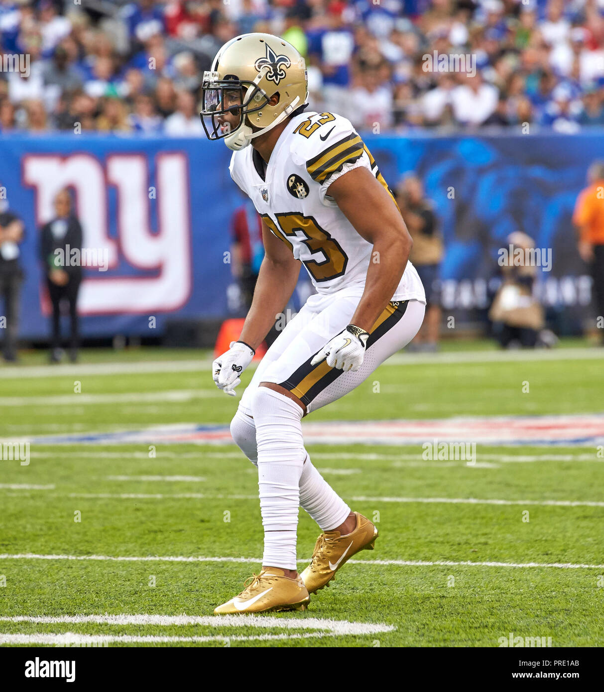 East Rutherford, New Jersey, USA. 1st Oct, 2018. New Orleans Saints  cornerback Marshon Lattimore (23) during a NFL game between the New Orlean  Saints and the New York Giants at MetLife Stadium