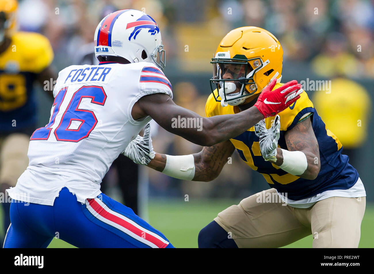 Green Bay, WI, USA. 30th Sep, 2018. Green Bay Packers cornerback Jaire  Alexander #23 celebrates an interception during the NFL Football game  between the Buffalo Bills and the Green Bay Packers at