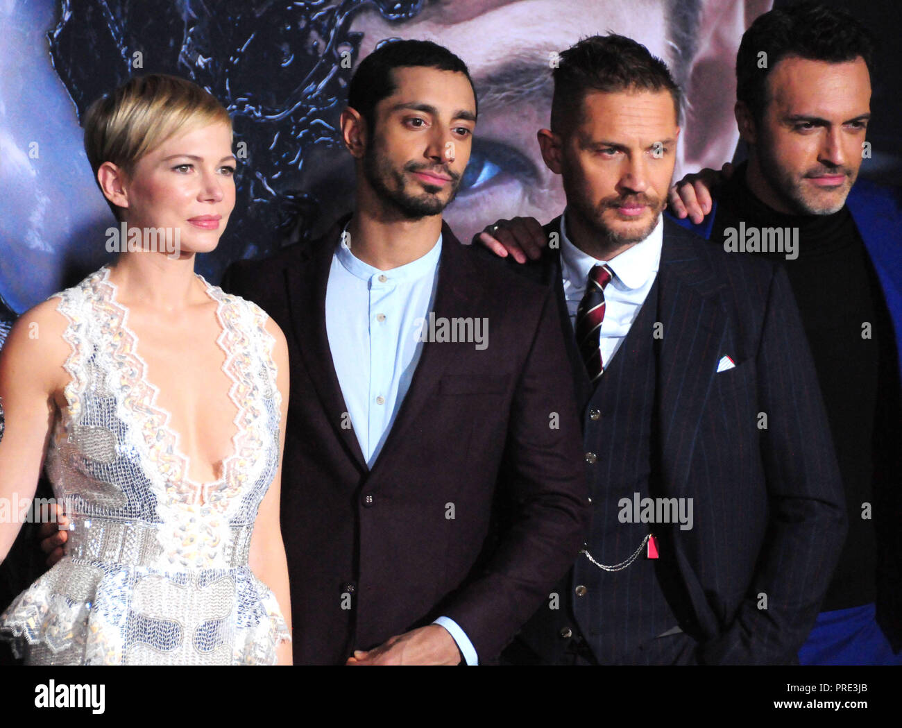 Westwood, USA. 01st Oct, 2018. WESTWOOD, CA - OCTOBER 01: (L-R) Actress Michelle Williams, actor Riz Ahmed, actor Tom Hardy and actor Reid Scott attend the World Premiere of Columbia Pictures' 'Venom' at Regency Village Theatre on October 1, 2018 in Westwood, California. Credit: Barry King/Alamy Live News Stock Photo