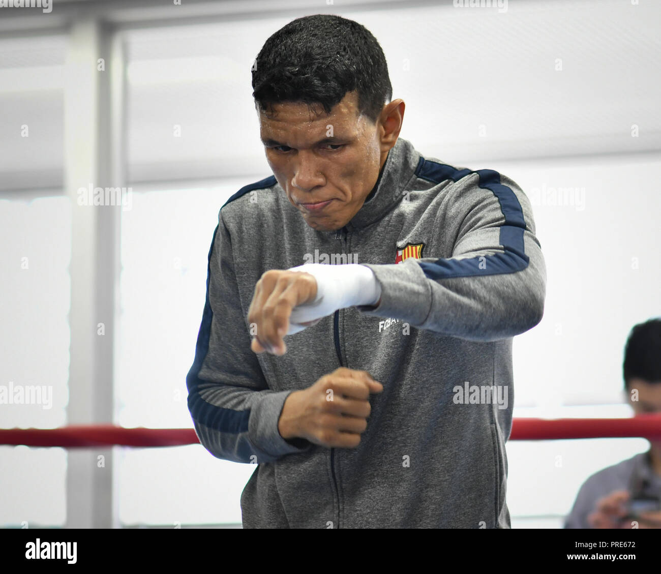 Tokyo, Japan. 2nd Oct, 2018. Juan Carlos Payano Boxing : Juan Carlos Payano of the Dominican Republic shadowboxes during a media workout at Teiken Boxing Gym in Tokyo, Japan . Credit: Hiroaki Yamaguchi/AFLO/Alamy Live News Stock Photo