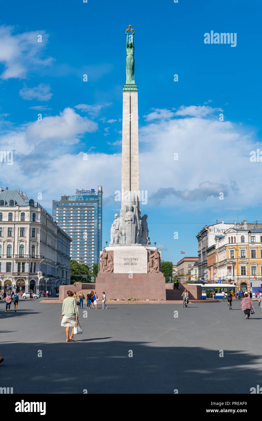 RIGA, LATVIA - July 5, 2018 : The Freedom Monument is a memorial to honouring soldiers killed during the Latvian War of Independence Stock Photo