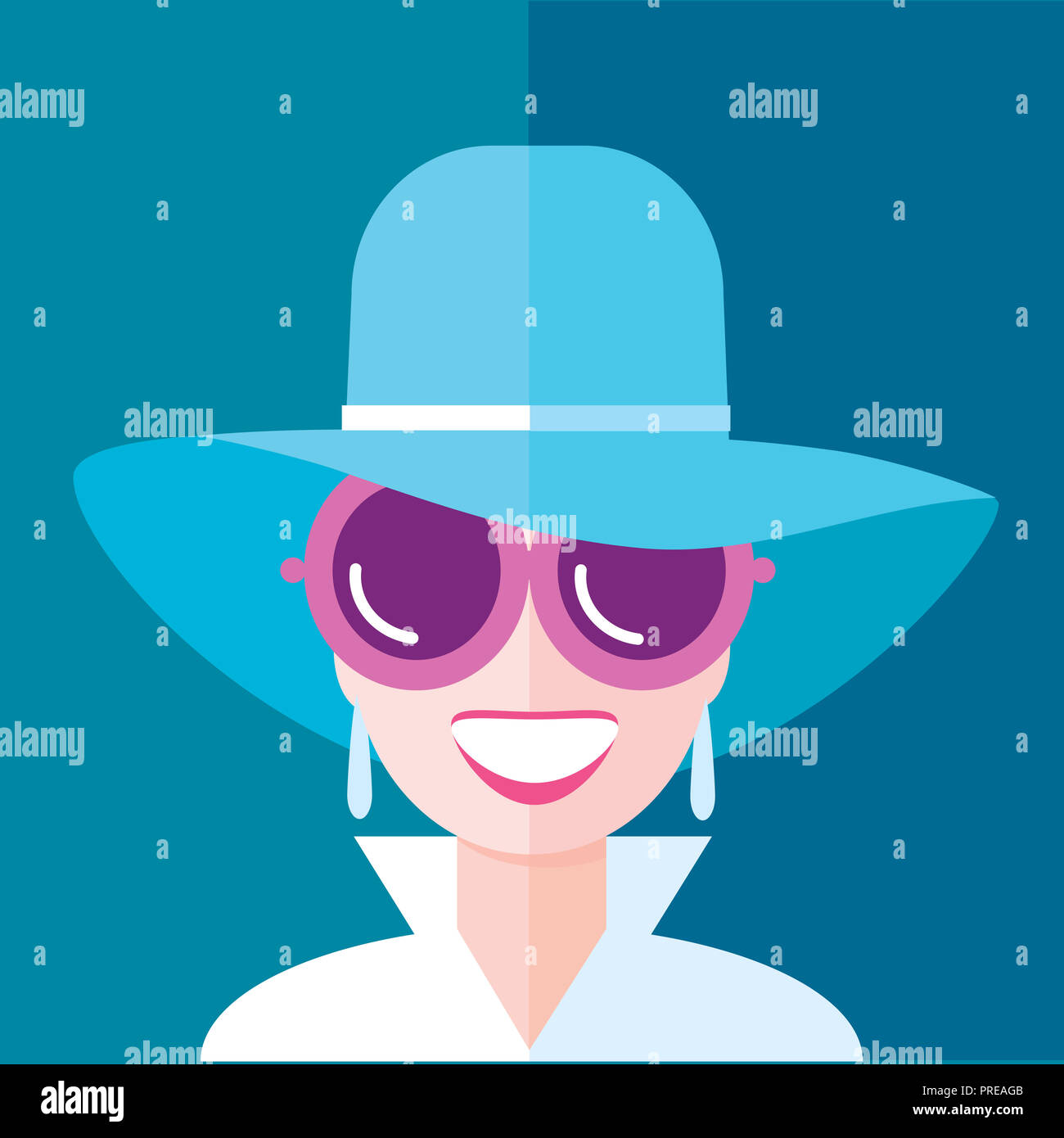 Portrait of fashionable woman wearing blue hat and sunglasses Stock Photo