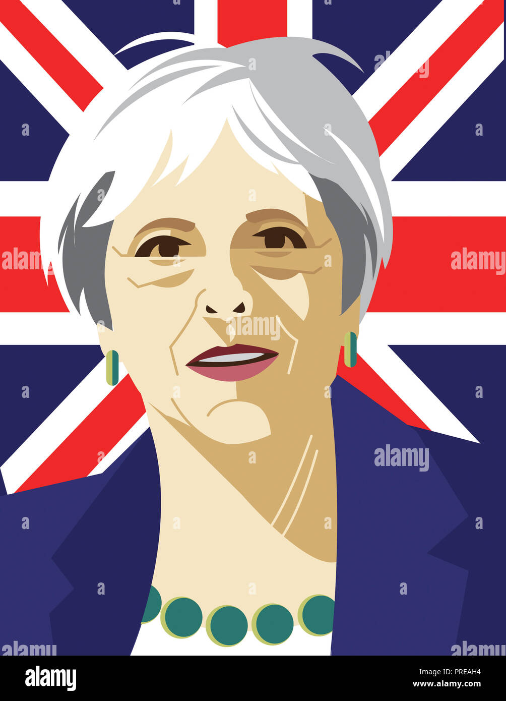 Portrait of Theresa May with british flag in background Stock Photo