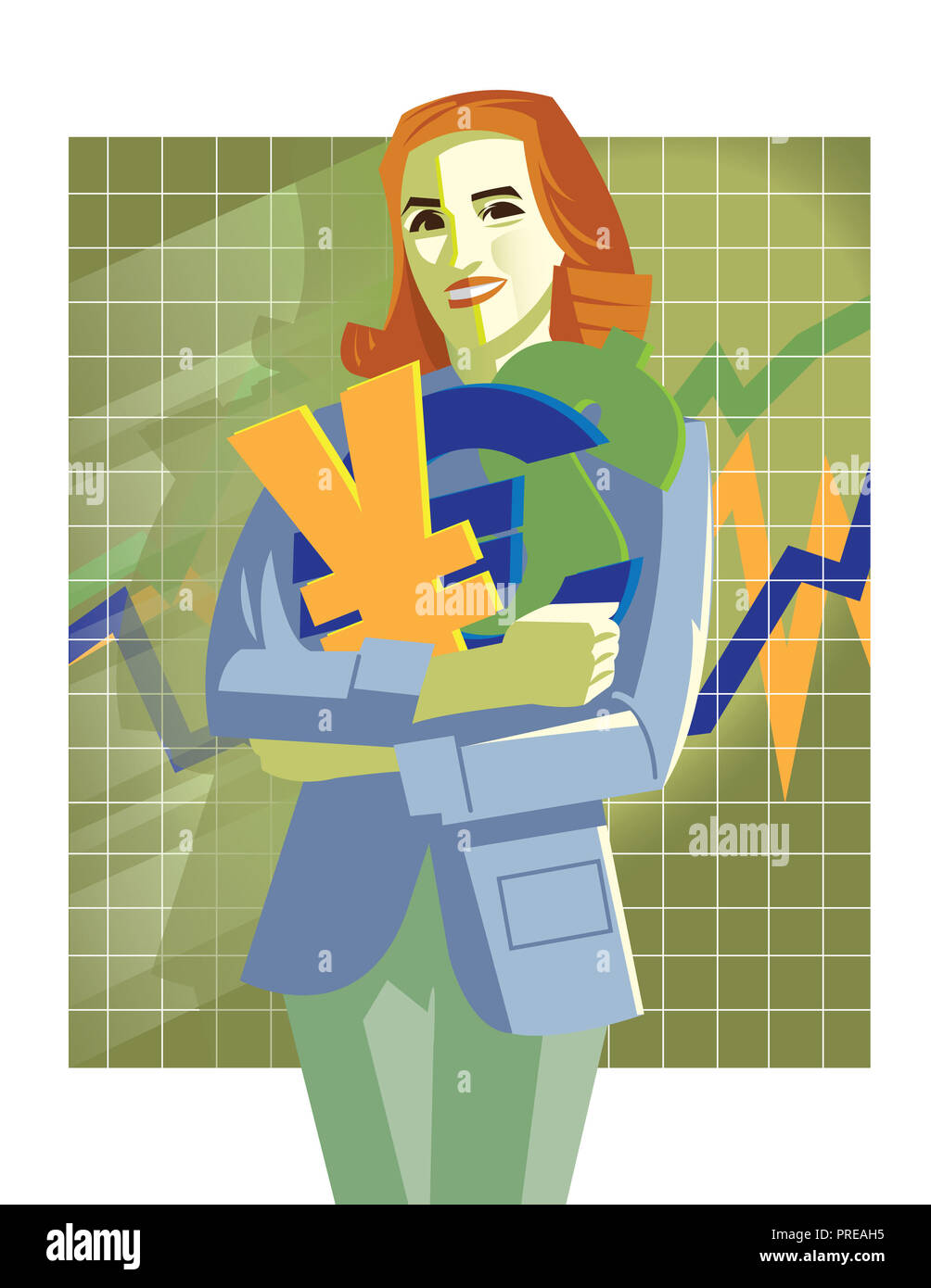 Portrait of woman holding yen and euro signs in front of chart Stock Photo