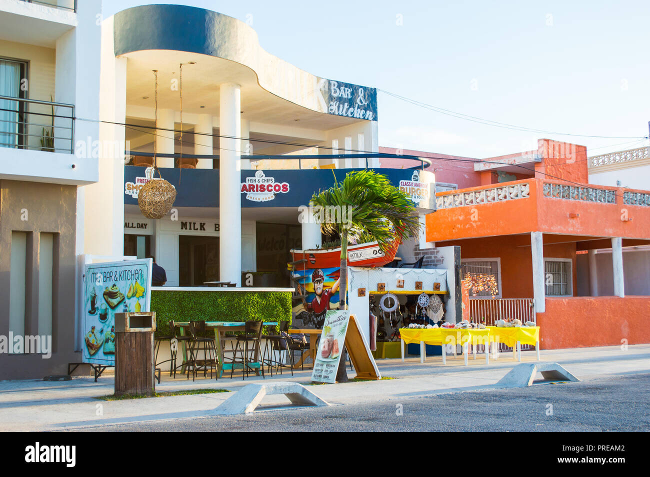 Beach side restaurant owned by en American expat in Progreso Beach, Yucatan, Mexico. Stock Photo