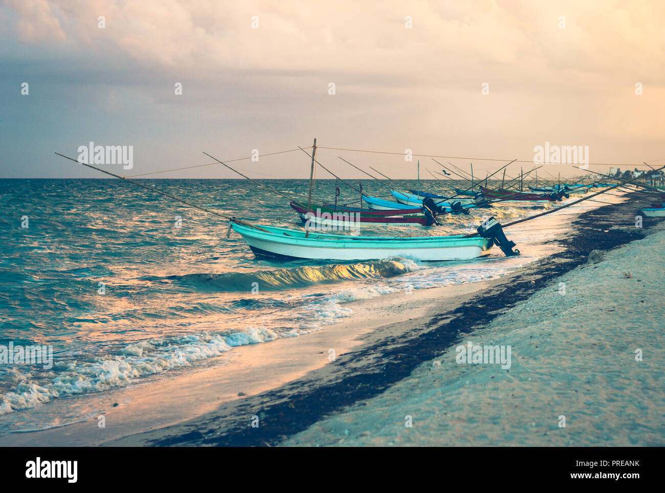 Boats on the sea of Progreso, Yucatan, Mexico. Stock Photo