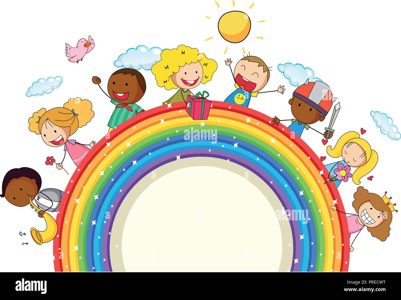 Doodle kids on the rainbow illustration Stock Vector Image & Art - Alamy