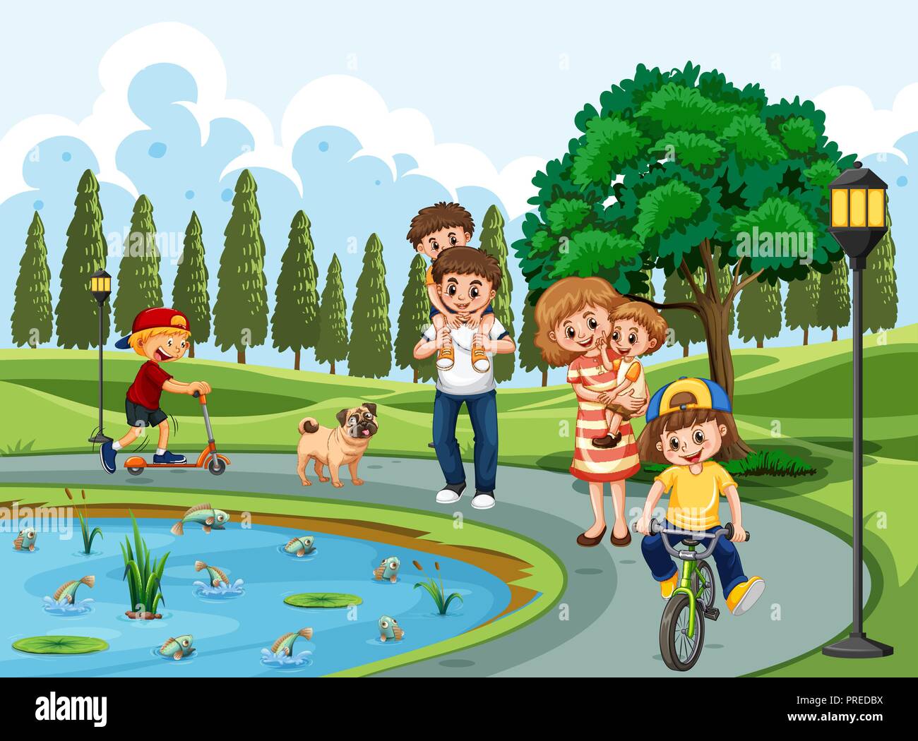 Family exercising in a park illustration Stock Vector