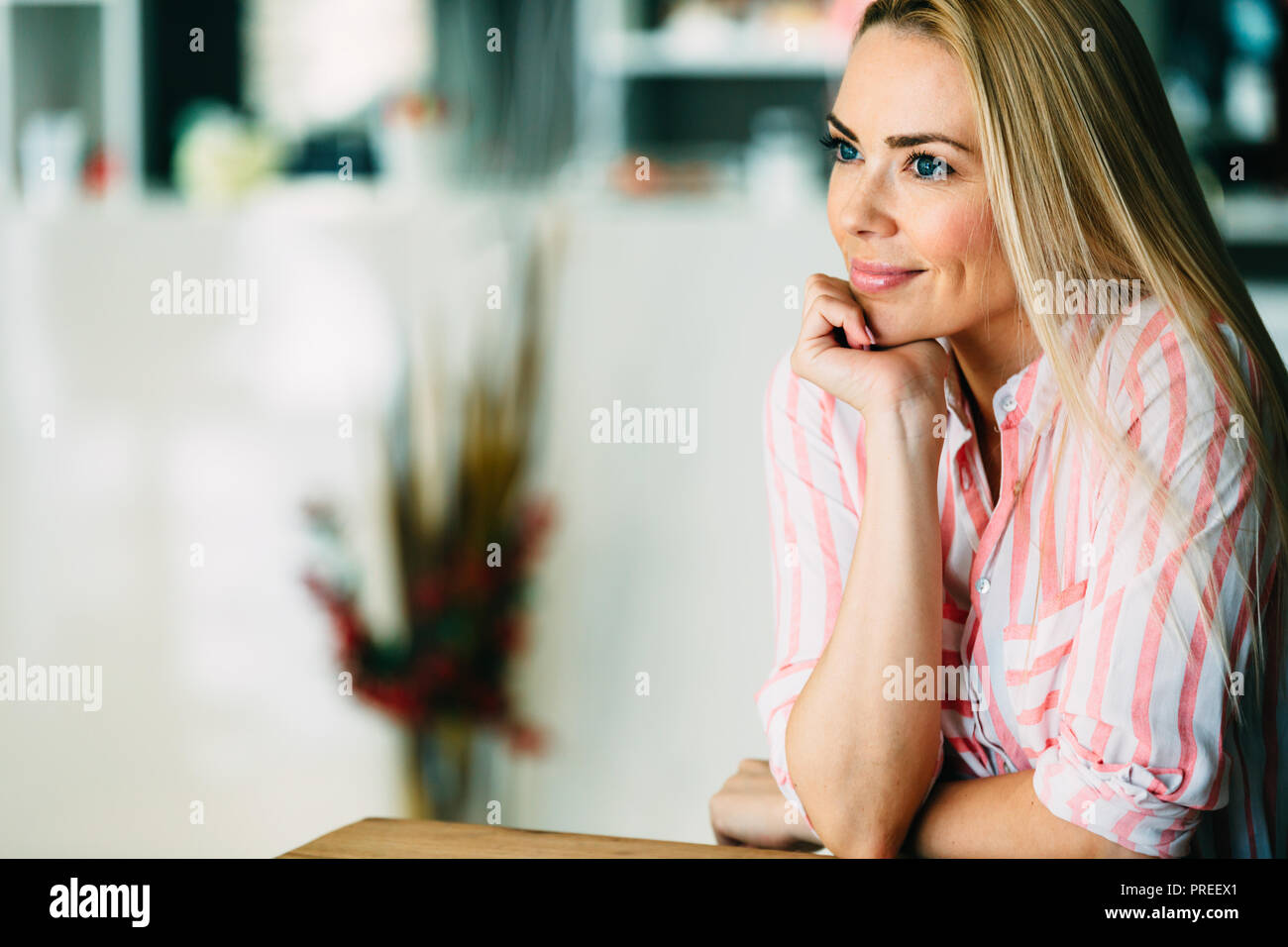 Portrait of beautiful young happy smiling woman with long hair Stock ...